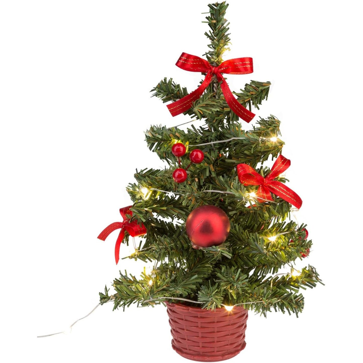 206939 - IDENA - Pemë dekorative e Krishtlindjeve me 20 LED të bardha të ngrohta, 25 cm e lartë, me zbukurime të kuqe dhe port USB