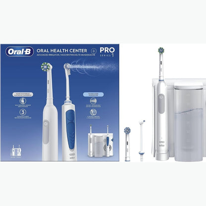 274921 - ORAL-B Qendra e Shëndetit Oral + Furçë Dhëmbësh Elektrike Pro 1, e Bardhë - Ujitës Dentar me 5 Modalitete, 1 Kokë Furçe Oxyjet dhe 1 Kokë Furçe me Ujë, 2 Koka Furçe Zëvendësuese