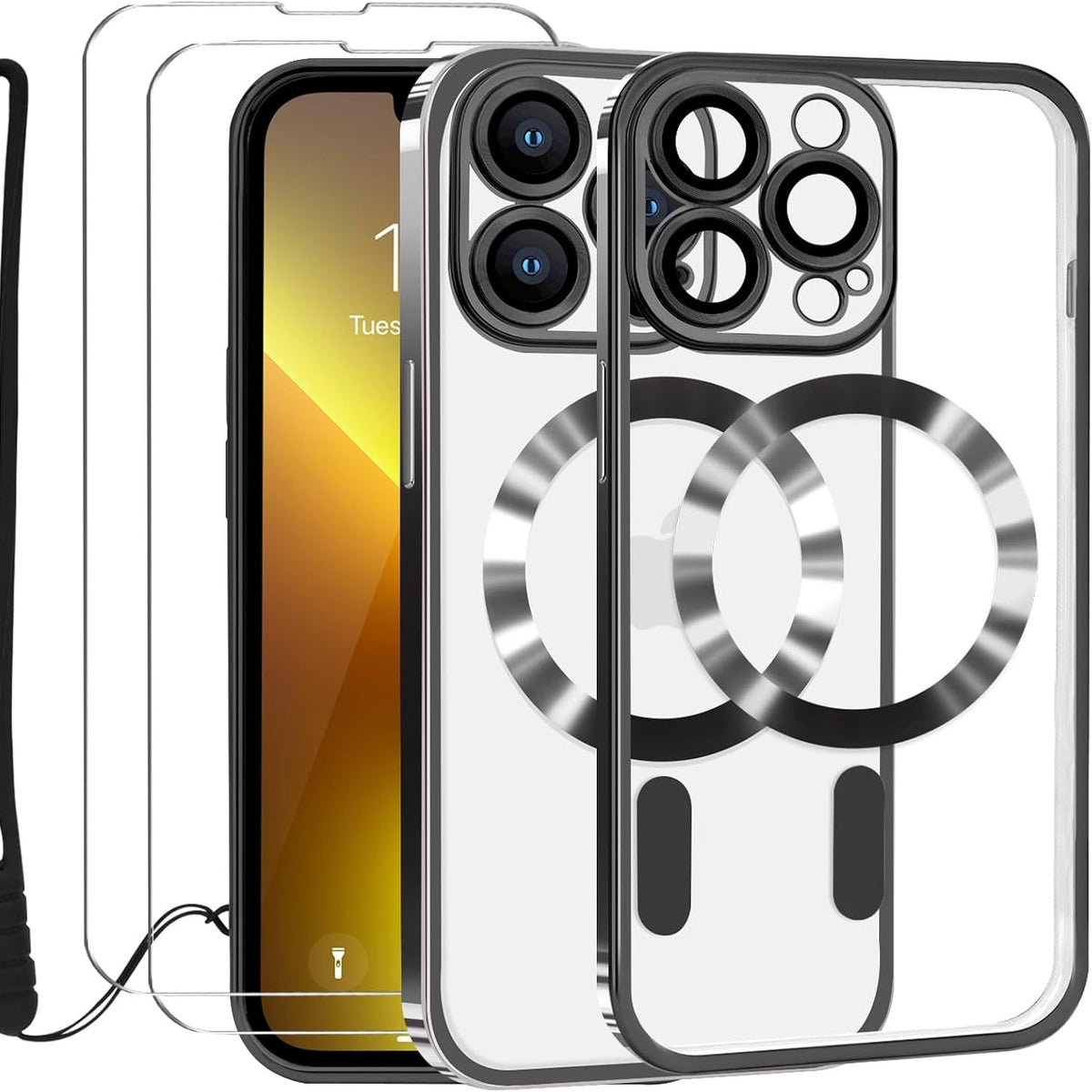 300016 - LAFUNDA Mbështjellëse për iPhone 13 Pro Max me 2 mbrojtëse ekrani prej qelqi të temperuar dhe mbrojtëse të lentes së kamerës, e pajtueshme me mbyllje magnetike MagSafe, mbrojtëse transparente magnetike - e zezë
