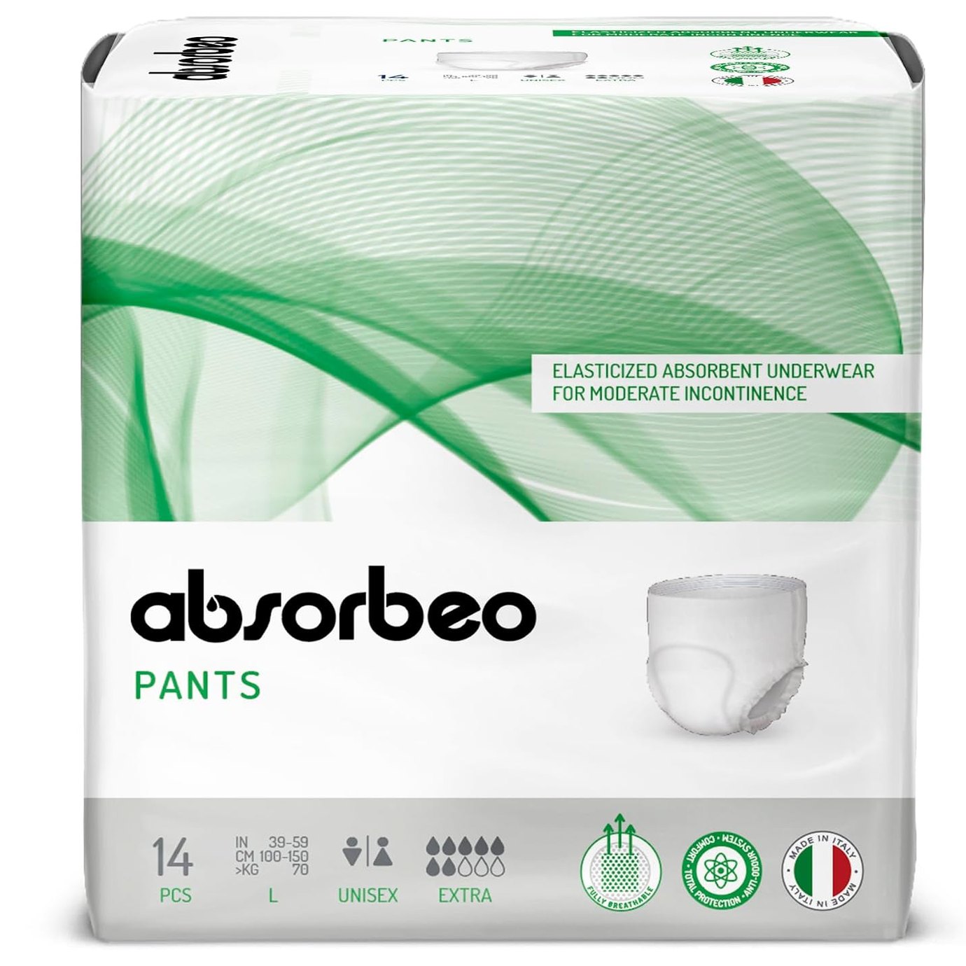 317572 - PANTALLONA ABSORBEO EXTRA, Pako me 14 pelena elastike, Pelena thithëse për dobësi të moderuar të fshikëzës, Madhësia L