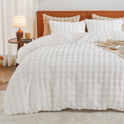 221558 - EMME Set çarçafësh prej pelushi 200x200, çarçafë dimërorë imitim lepuri, mbulesë jorgani e ngrohtë me zinxhir dhe 2 mbulesa jastëkësh 80x80cm, e bardhë
