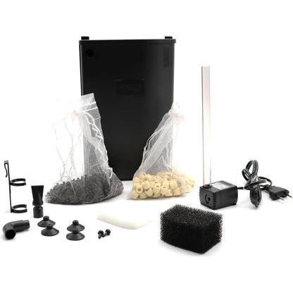 250586 - AMTRA Kutia e Filtrimit Black 50, filtër akuariumi me pompë riqarkulluese 230 L/H, 3 ndarje, 18 x 7 cm