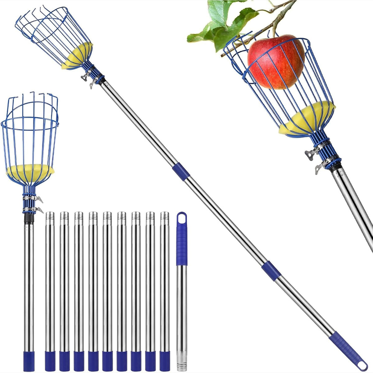 314295 - DBREAKS - Mbledhës frutash teleskopik 4.2M, Mjet për mbledhjen e frutave me shportë çeliku inox
