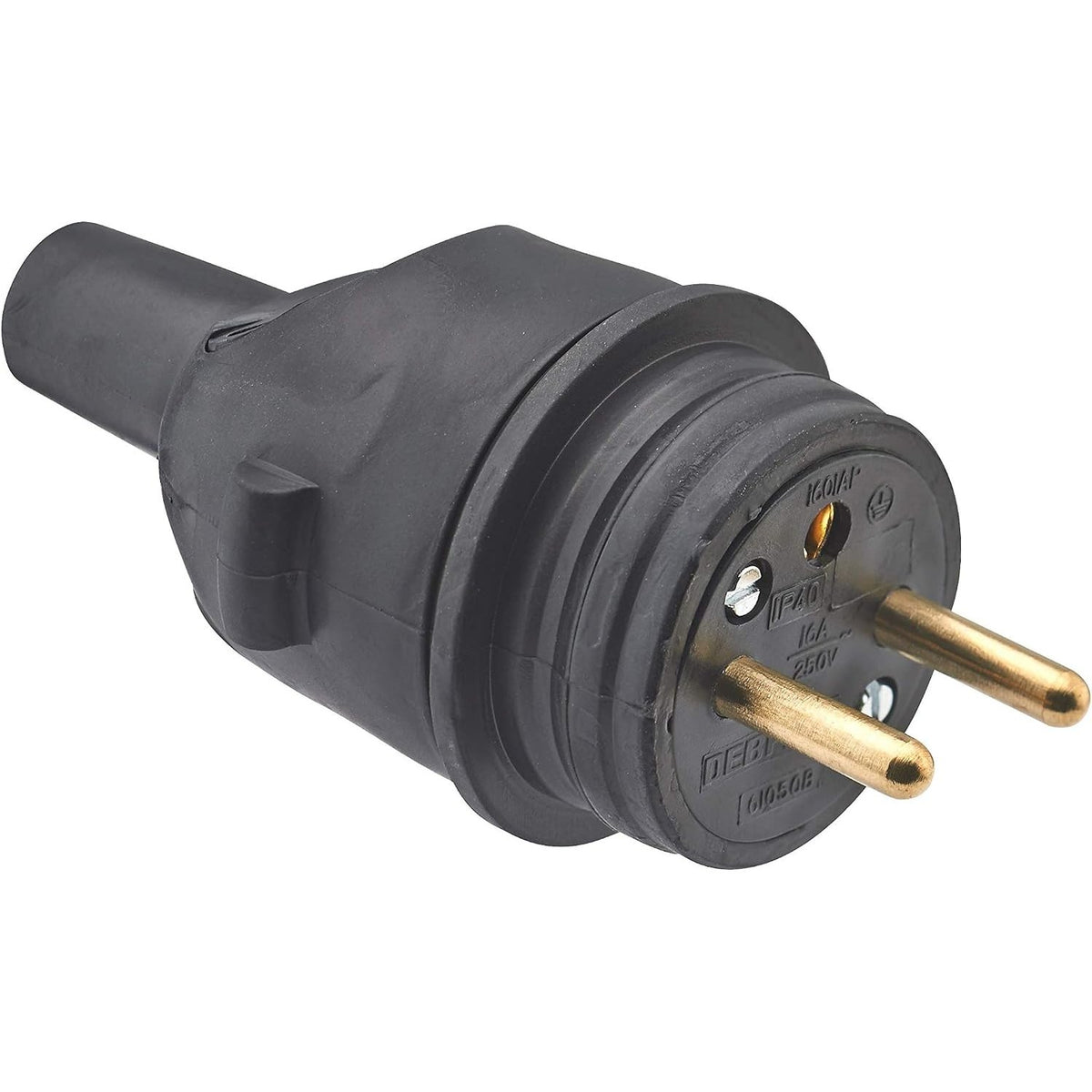 335655 - DEBFLEX Prizë Elektrike Mashkull e Papërshkueshme nga Uji 2P+E 16A - Gomë E Zezë 97 x 49 x 37 mm