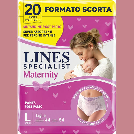 311471 - LINES SPECIALIST MATERNITY, Mbathje Absorbuese Postpartum, Madhësia L, Pako me 20 copë, me Mbështetje Barku dhe Thithje të Shpejtë