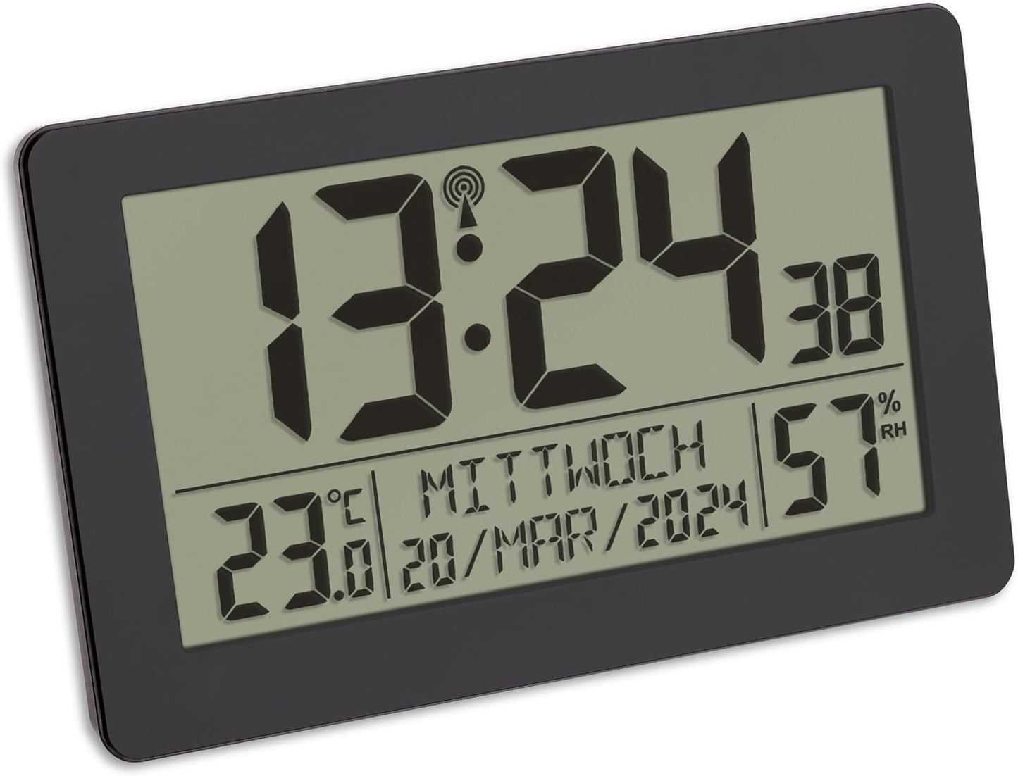 246475 - TFA DOSTMANN Orë dixhitale me radio, model 60.2557.01, me temperaturë dhe lagështi, ekran i madh, alarm me funksion shtyrjeje, datë, ditë jave, dritë prapa, plastikë, e zezë
