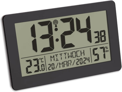 246475 - TFA DOSTMANN Orë dixhitale me radio, model 60.2557.01, me temperaturë dhe lagështi, ekran i madh, alarm me funksion shtyrjeje, datë, ditë jave, dritë prapa, plastikë, e zezë