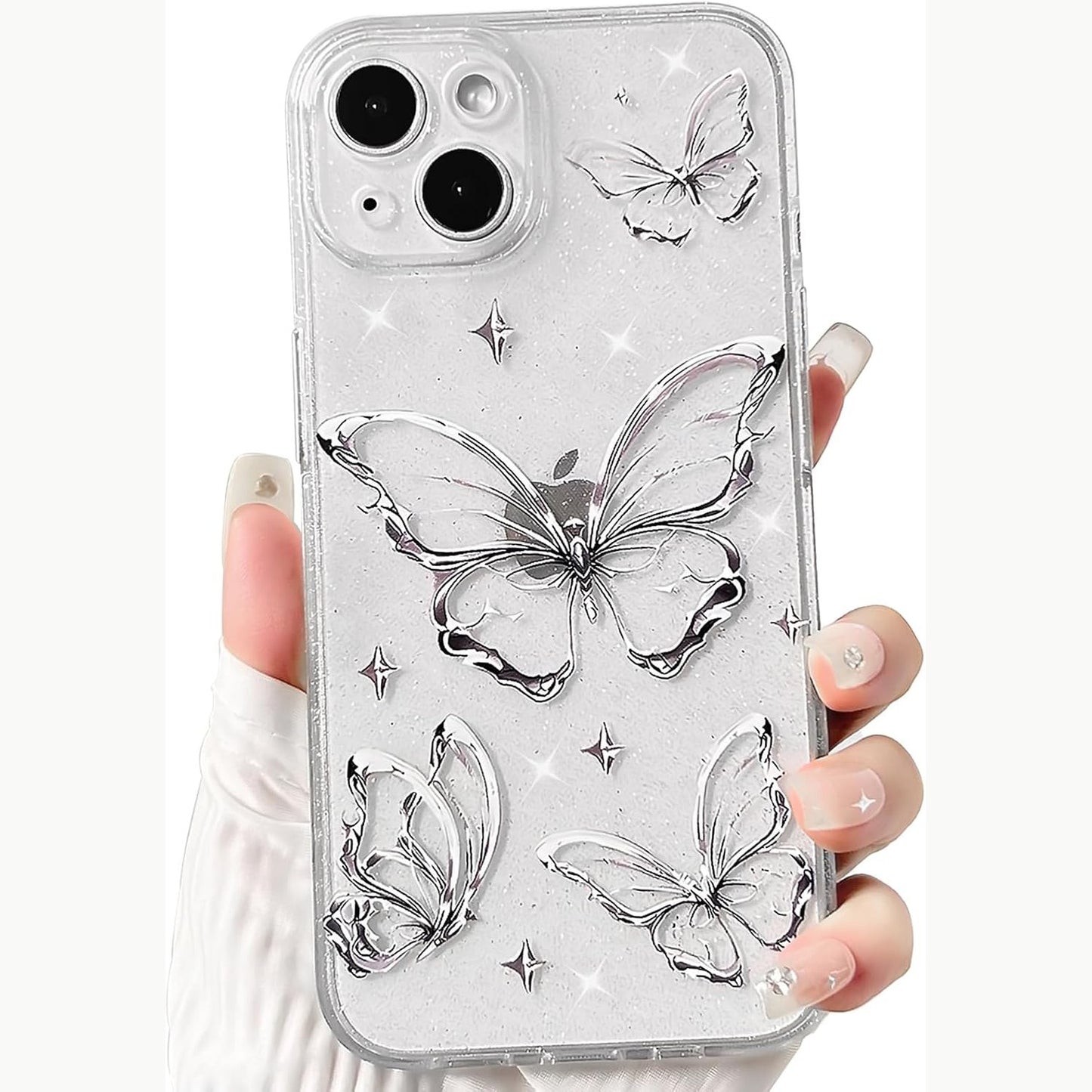 277217 - NITITOP Mbrojtëse transparente me dizajn fluturash, për iPhone 14, rezistente ndaj goditjeve, prej silikoni TPU të butë, e bardhë