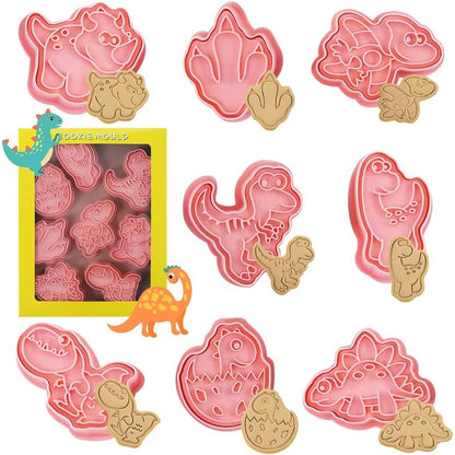 252844 - Prerëse për biskota me dinosaur, Set prerësish plastikë për biskota me 8 pjesë, prerës për biskota 3D, për festa ditëlindjeje