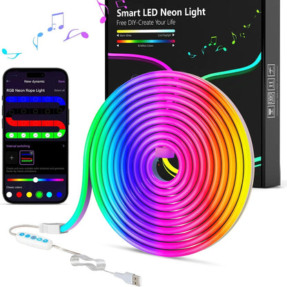 223075 - NEON Shirita LED 3M MeRGBW-Home, Drita LED Neoni RGB prej Silikoni, të Bëra Vetë, të Kontrolluara nga Aplikacioni, Kontroll Inteligjent i Segmentuar, Modalitet Muzike dhe Skenë Ylberi për Dhomë Lojërash, Festë, Dhomë Gjumi