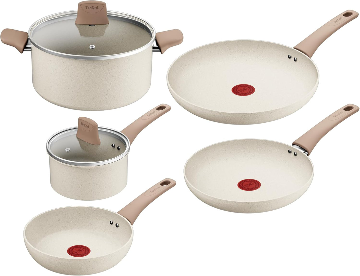 255056 - TEFAL Set enësh gatimi Stone White, veshje jo-ngjitëse, trup alumini 100% i ricikluar, tregues nxehtësie, G199S544