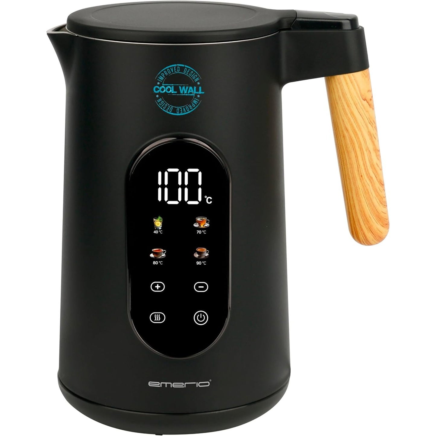 288373 - EMERIO Çajnik çeliku inox 1.7L, mur i dyfishtë të izoluar, Përzgjedhje temperature 40-100°C në rritje prej 5°C, Ekran me lloje çaji të programuara paraprakisht, Pa BPA, 2200 W, Fikje automatike, Funksioni i mbajtjes ngrohtë, WK-132230