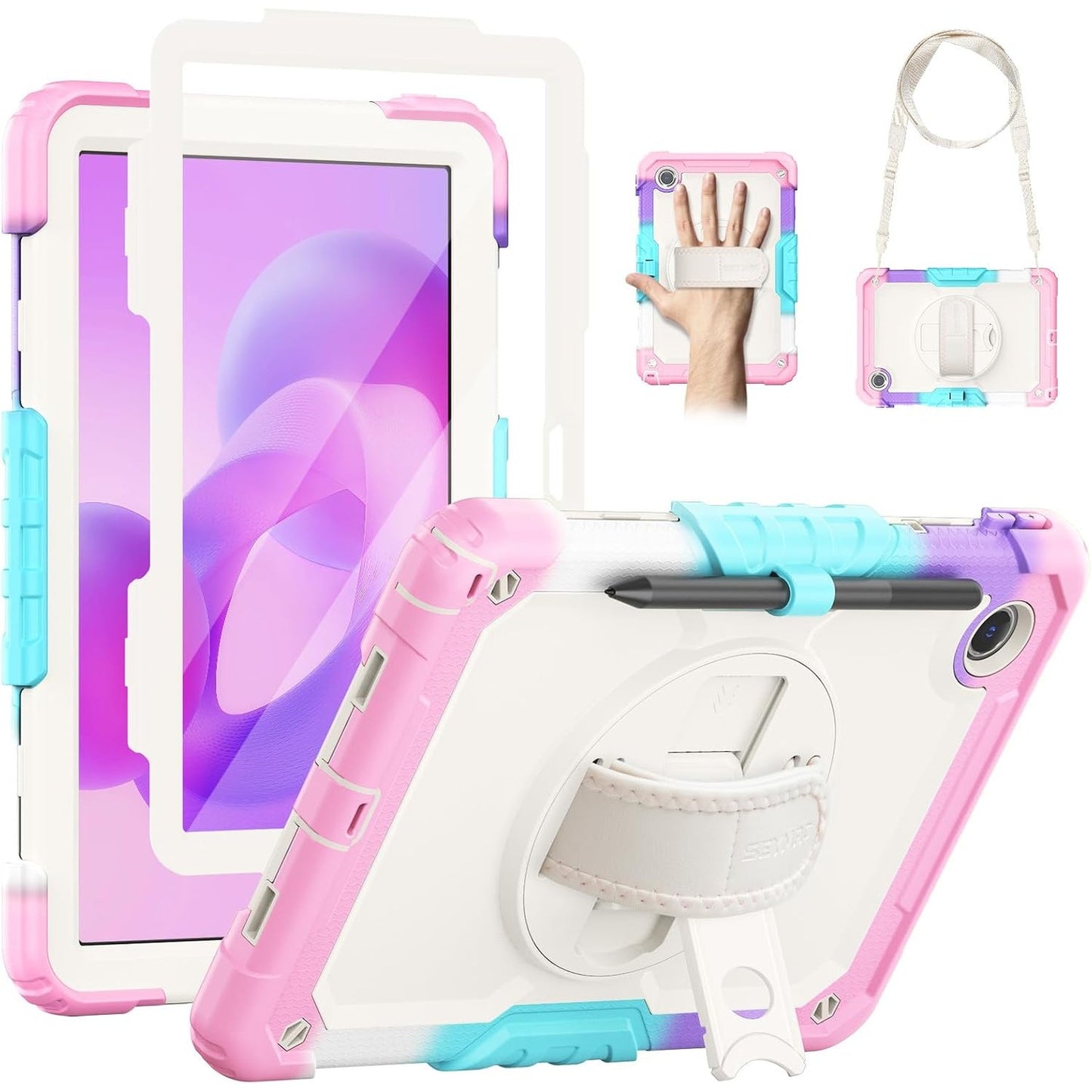 273617 - SEYMAC Mbrojtëse për Lenovo Idea Tab 11 inç 2025 / Tab M11 2024 / K11 11 inç, Mbrojtëse ekrani kundër goditjeve, mbështetëse rrotulluese 360°, rrip dore, rrip shpatullash, mbajtëse stilolapsi, rozë