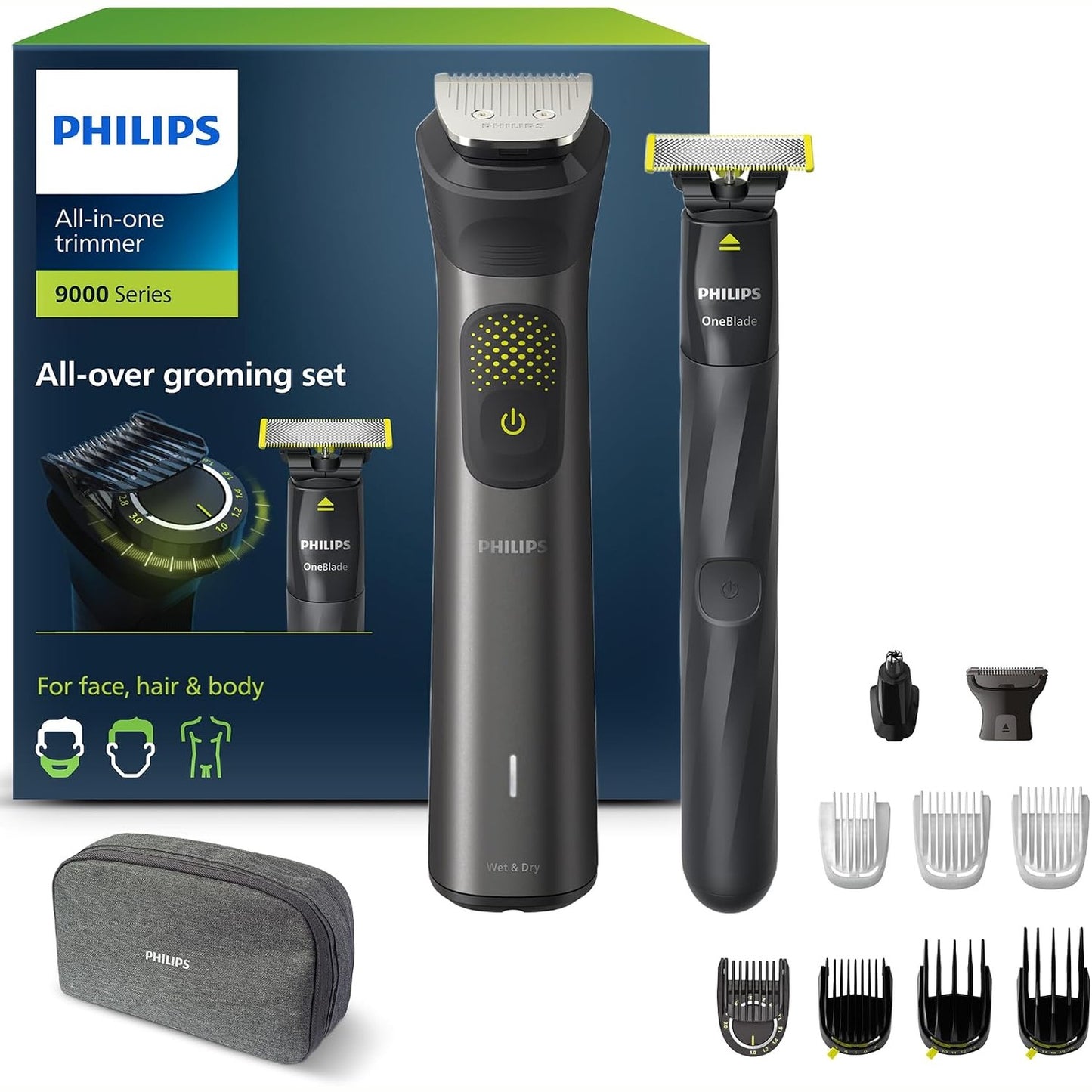 292228 - PHILIPS SERIES 9000 - Makinë prerëse 13-në-një + OneBlade, komplet i plotë prerësish, prerje precize, 27 gjatësi prerjeje (nga 0.2 deri në 20 mm), modeli MG9530/15