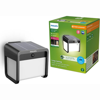217288 - PHILIPS Llambë muri diellore ultra-efikase Ezra për përdorim të jashtëm me sensor, dritë e bardhë 3000K, 250/25lm, e zezë