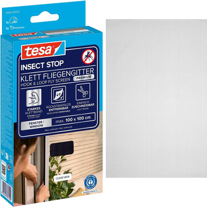 289256 - tesa Mbrojtëse mizash Insect Stop Velcro Premium për Windows, 100 cm x 100 cm, Antracit (Transparent), mbrojtje nga insektet