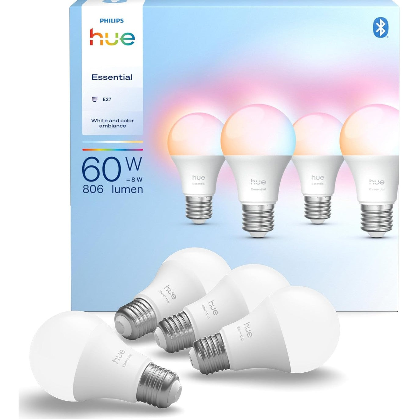 217225 - PHILIPS - Hue Essential Ampoule Connectée LED A60, Ambient i Bardhë dhe me Ngjyra, Ampulë E27, 8W, 2200-6500 K, 806 lm, Intensitet i rregullueshëm, i pajtueshëm me Alexa, Google dhe Apple Home, Pako prej 4