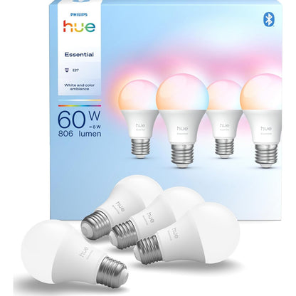 199305 - PHILIPS Hue - Llambë LED A60 Esenciale e Mençur, E27, 8W, e Bardhë dhe Me Ngjyra, 2200 K – 6500 K, 806 lm, Me Errësim, Pajtueshme me Alexa, Google Assistant dhe Apple Home, Pako Me 4 Copë