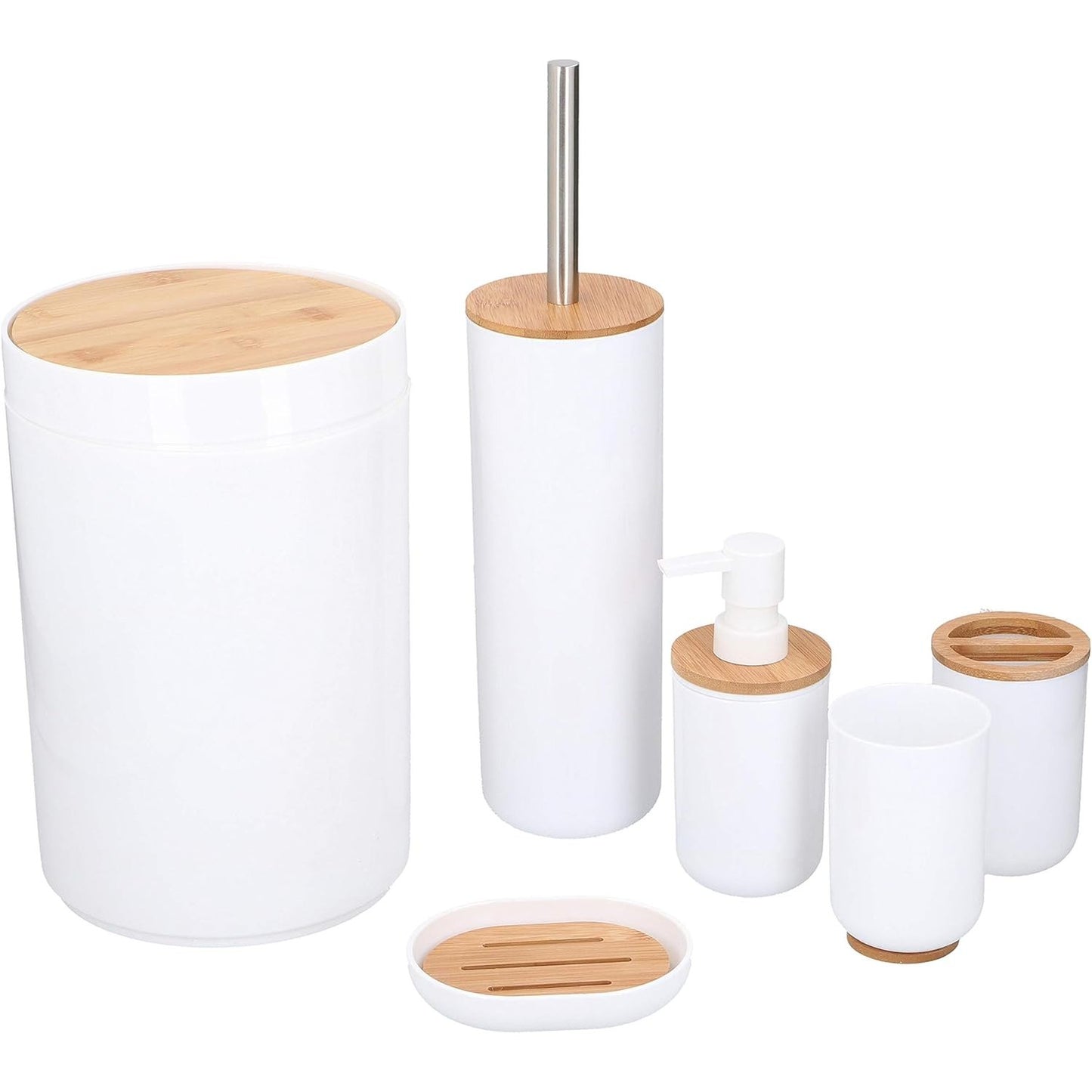 222964 - ALPINA Set tualeti - 6 copë - Dispensator sapuni - Mbajtëse furçe dhëmbësh - Furçë tualeti - Kosh mbeturinash - Enë sapuni - Gotë - Bambu - E bardhë