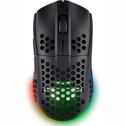 268707 - GXTRUST 929 HELOX - Maus pa tel për lojëra, 75g, jetëgjatësi baterie 80 orë, marrës USB 2.4GHz, rregullim DPI (800-4800), ndriçim LED, i rikarikueshëm - i zi