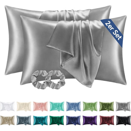 186884 - BEDELITE, Set prej 2 Mbulesave për Jastëkë në Ngjyrë Gri, Material Satin, Madhësi 40x60cm, të Buta dhe të Përshtatshme për Lëkurën dhe Flokët