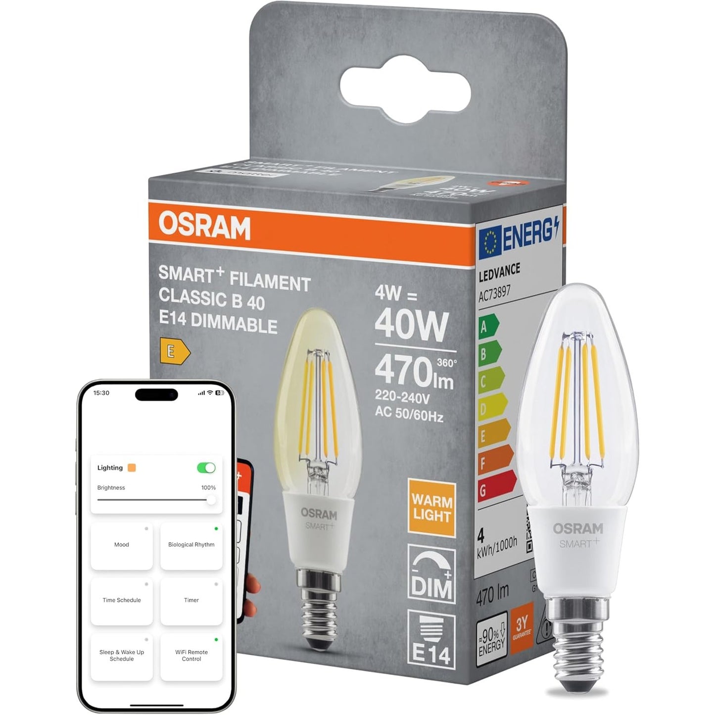 294392 - OSRAM SMART+ MATTER Filament B, llambë LED, 4 W, 470 lm, 2700 K, transparente, e pajtueshme me altoparlantë inteligjentë, me errësim