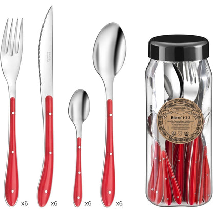 185192 - PRADEL ESSENTIEL - Set Takëmesh 24 Pjesë për 6 Persona - Bistro 1-2-3 - Material: Çelik Inox 18/0, me Përfundim Standard - Ngjyra: E Kuqe