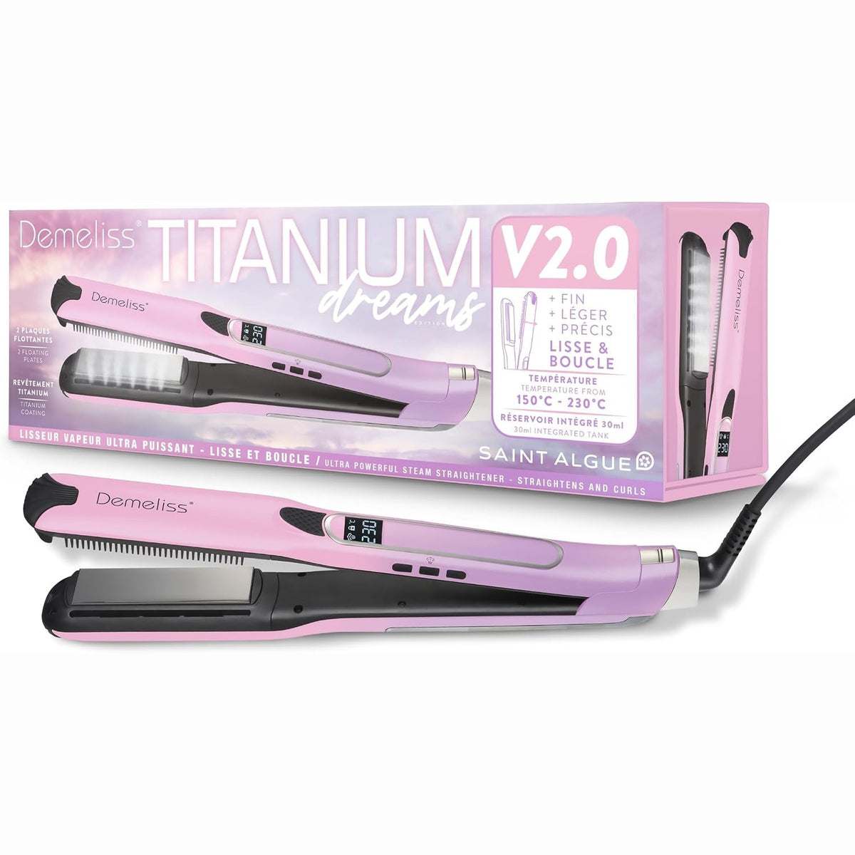 297982 - DEMELISS | Pjatëzues flokësh me avull Titanium V2.0 | Pllaka lundruese të holla | Avull ultra i fuqishëm | Hekur/Pjatëzues/Kaçurrela 2-në-1