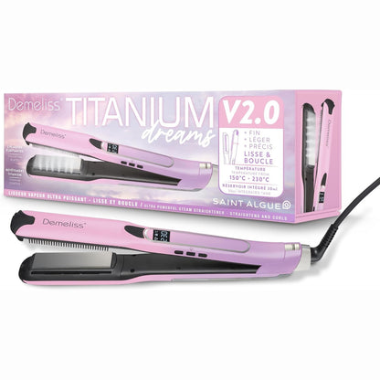 297982 - DEMELISS | Pjatëzues flokësh me avull Titanium V2.0 | Pllaka lundruese të holla | Avull ultra i fuqishëm | Hekur/Pjatëzues/Kaçurrela 2-në-1