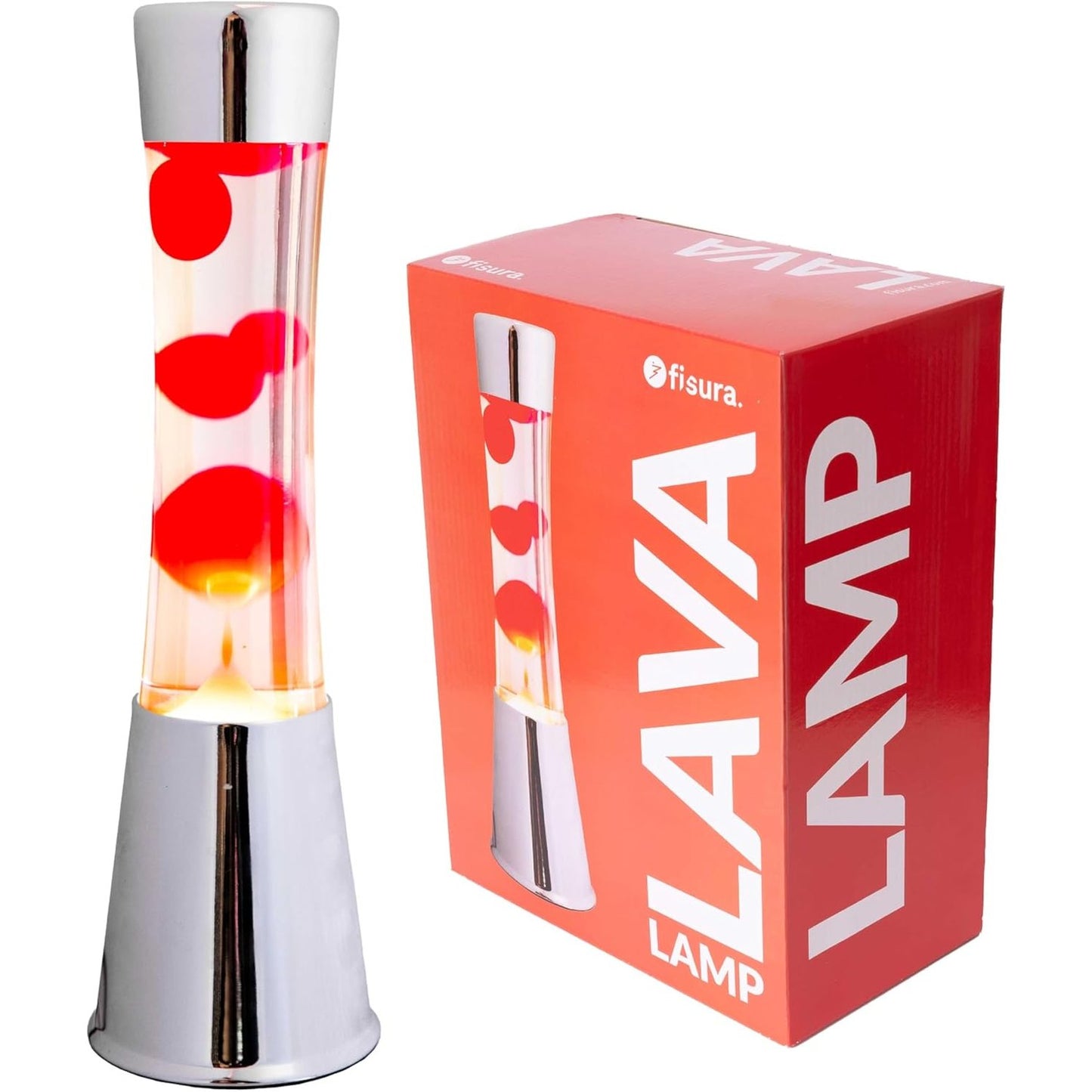 221711 - FISURA Llambë lavash e kuqe, Bazë argjendi e kromuar, lëng transparent dhe lavë e kuqe, Me llambë rezervë, 11 cm x 11 cm x 39.5 cm