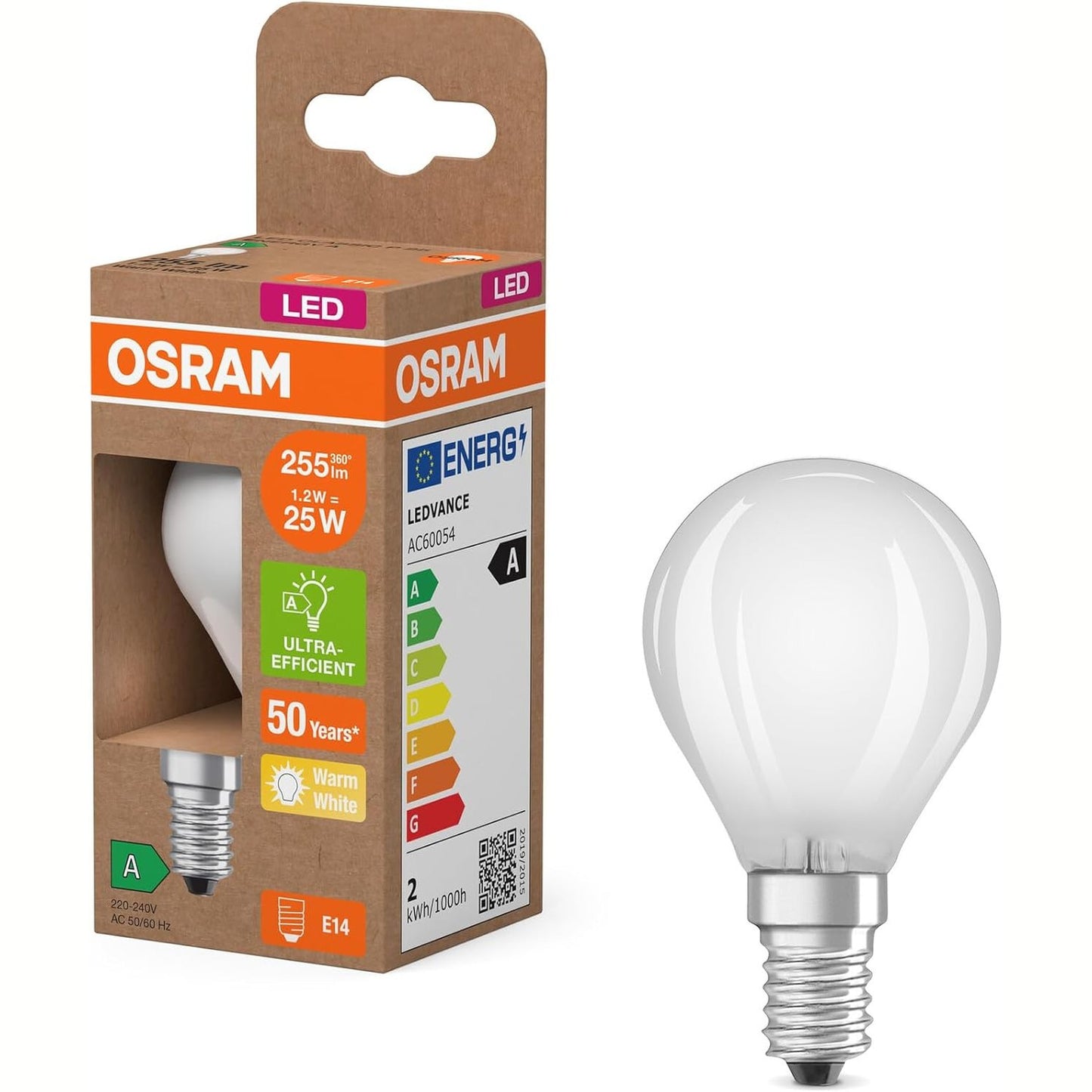 186671 - OSRAM Llambë LED në Mini-Sfere, Filament Dekorativ, Klasa Efikasiteti Energjisë A, E14, 1.2 W, 255 lm, 2700 K, e Bardhë e Ngrohtë, Pa Ngrohje, Akull-Mbuluar