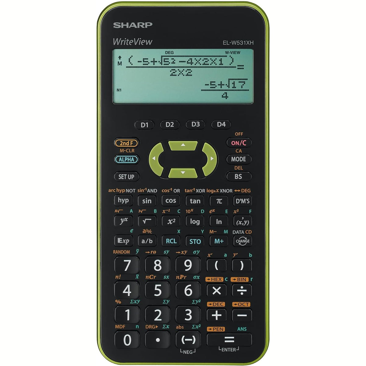 310033 - SHARP Kalkulator Shkencor Shkollor EL-W531 XH-GR, ekran me 4 rreshta, WriteView, hyrje DAL, bateri, Jeshile