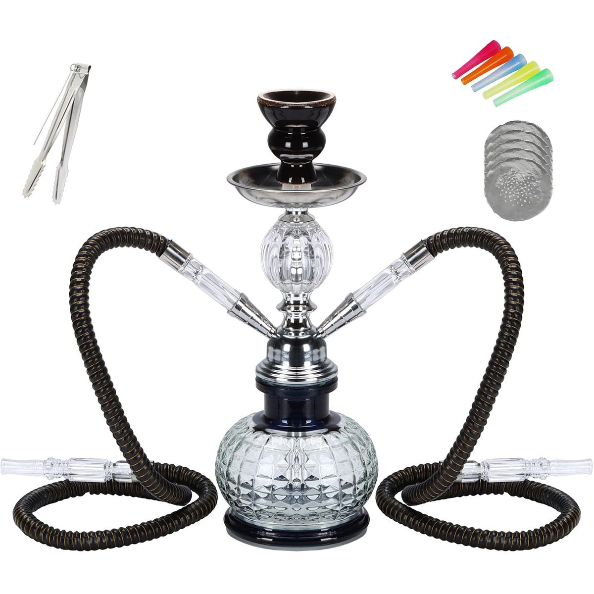 336245 - SERDEERCH Hookah Shisha, 2 tuba të plotë - 28 cm, Mini Hookah 2 Tuba Set me 5 kallamishte, 5 maja, 2x grykë, 2x tub gryka, nargjile portative