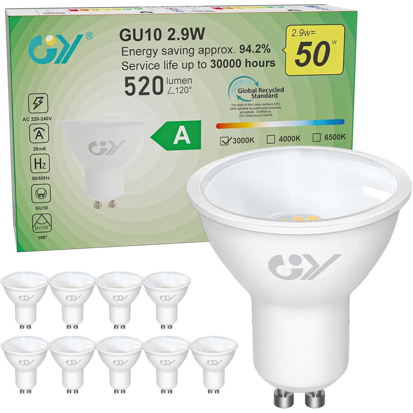 214086 - Llampa LED GU10 Klasa A, 2.9W (ekuivalente me 50W), 520LM, E bardhë e ngrohtë 3000K, Kënd rrezeje 100°, Pa errësim, Pako me 10 copë