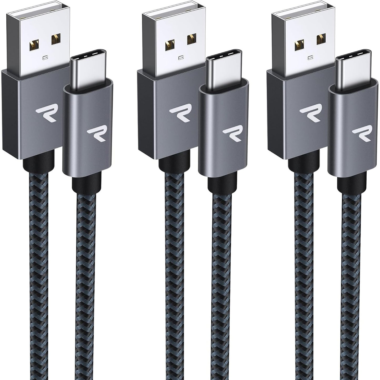 277248 - RAMPOW Kabllo USB-C, [Pako me 3 copë 1M+1M+2M] Kabllo USB-C, Kabllo karikimi për iPhone 16/15, Kabllo karikimi i shpejtë QC 3.0 3A, Gri