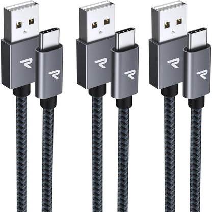 277248 - RAMPOW Kabllo USB-C, [Pako me 3 copë 1M+1M+2M] Kabllo USB-C, Kabllo karikimi për iPhone 16/15, Kabllo karikimi i shpejtë QC 3.0 3A, Gri