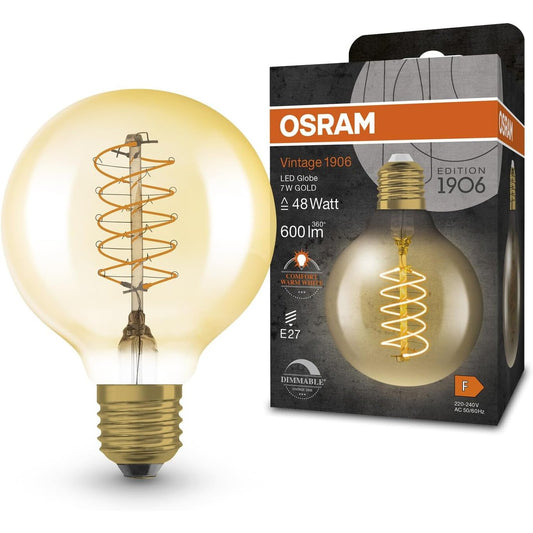 197475 - OSRAM - Llambë LED Vintage 1906, 7W, 600lm, Nuancë Ari, Formë Topi, Diametër 80mm, Prizë E27, Ngjyrë Drite e Bardhë e Ngrohtë, Filament Spiral, e Errësueshme, Jetëgjatësi e Gjatë