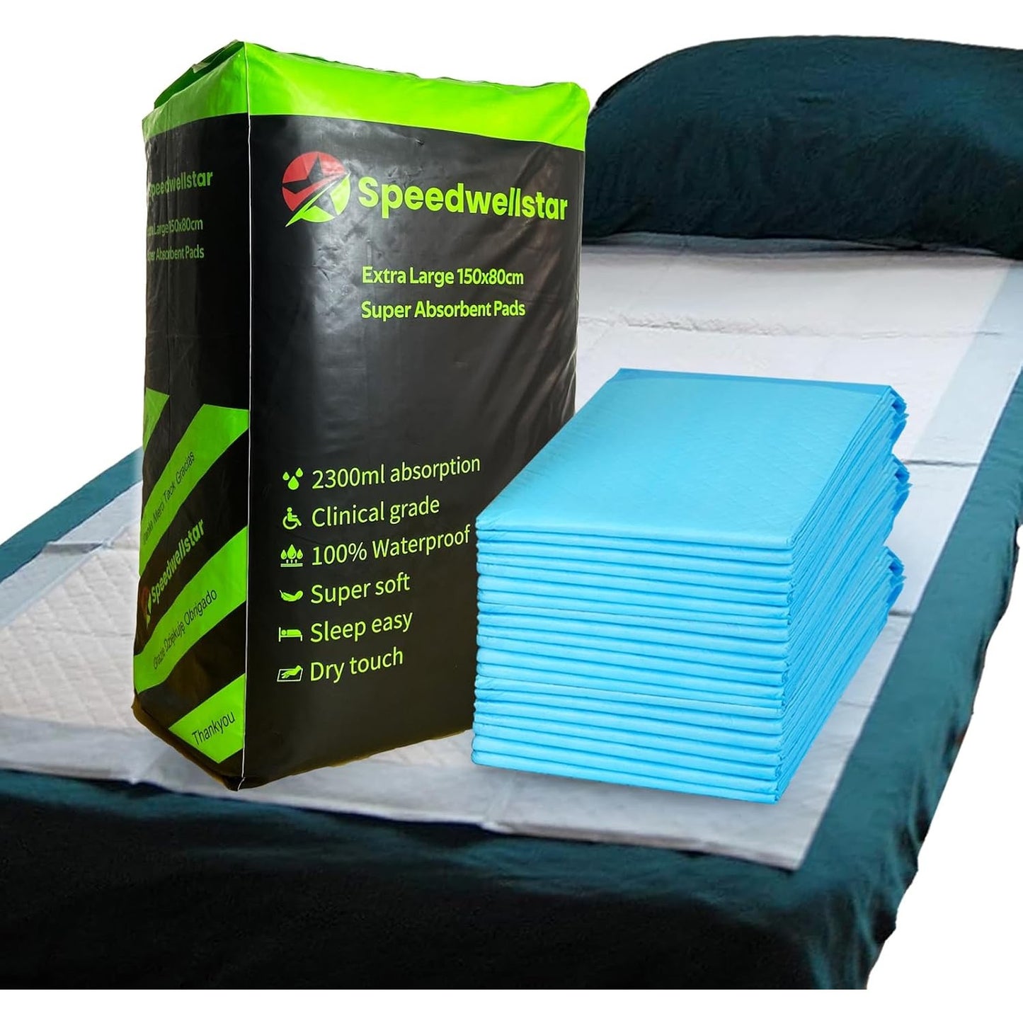 224006 - Speedwellstar Mbrojtëse për Inkontinencën, 150x80cm, 2300ml, Pako me 20 Mbrojtëse Shtrati dhe Dysheku, të Papërshkueshme nga Uji
