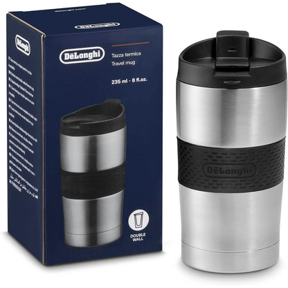 293981 - DE'LONGHI Filxhan Termos Udhëtimi DLSC074, Filxhan kafeje prej çeliku inox me mure të dyfishta për pije të nxehta dhe të ftohta, Hapje me një klikim, Kapacitet 235 ml, Antracit