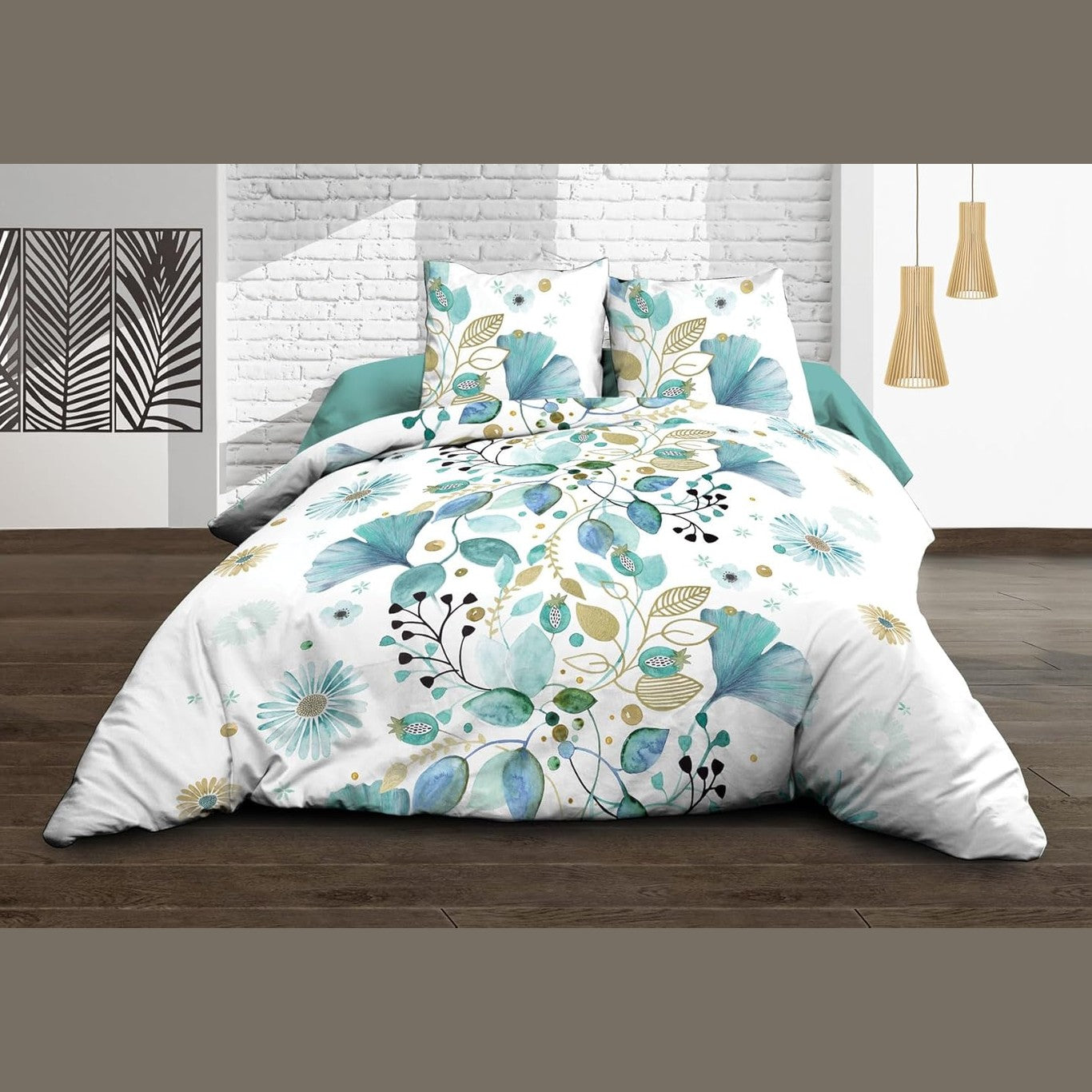 195391 - JULES Set Çarçafësh prej Liri: Çarçaf i Sheshtë 160x200cm, Çarçaf i Montuar 160x200cm, 2 Peshqirë - Material 100% Pambuk, 57 Fije - Ngjyra Blu Bloom