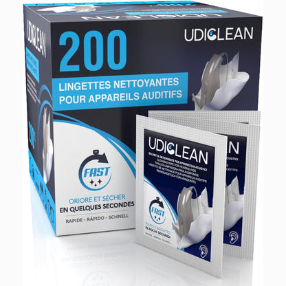 289955 - UDICLEAN 200 peceta pastrimi për aparate dëgjimi, të mbështjella individualisht, me tharje të shpejtë dhe të lagura, heqin djersën, dyllin e veshit dhe papastërtinë