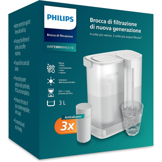 239411 - PHILIPS Filtër Uji me Filtr të Menjëhershëm 3 L, 3 × Filtra Anticalc+, Zvogëlon Gëlqeren dhe Klorin