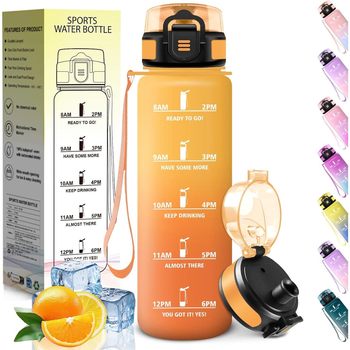 233002 - HONEYHOLLY Shishe Uji 1 Litër, E Papërshkueshme nga Rrjedhjet, Pa BPA, Motivues, Shënues Kohe