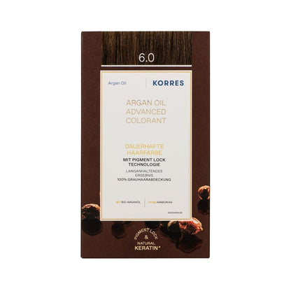 317622 - KORRES Ngjyrues me vaj argani, ngjyrë flokësh pa amoniak, Bjonde e Errët 6.0, mbulim 100% të thinjave, vegan
