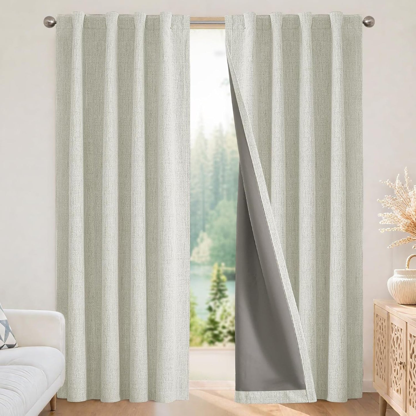 270049 - Perde Joydeco për Dhomë Gjumi - 84 inç të gjata 100% bllokuese të dritës me 2 panele, ngjyrë bezhë të çelët, perde termoizoluese për errësimin e dhomës, me teksturë liri për dhomën e ndenjes, xhepa për shufra dhe fletëza të pasme.