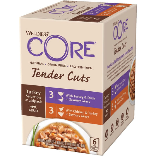 206961 - WELLNESS CORE Tender Cuts, 6 x 85g, Përzierje e Mishit të Gjelit - Ushqim për Mace i Lagësht, Pa Drithëra, Natyral, Hipoalergjik, i Pasur me Proteina, me Përmbajtje të Lartë Mishi