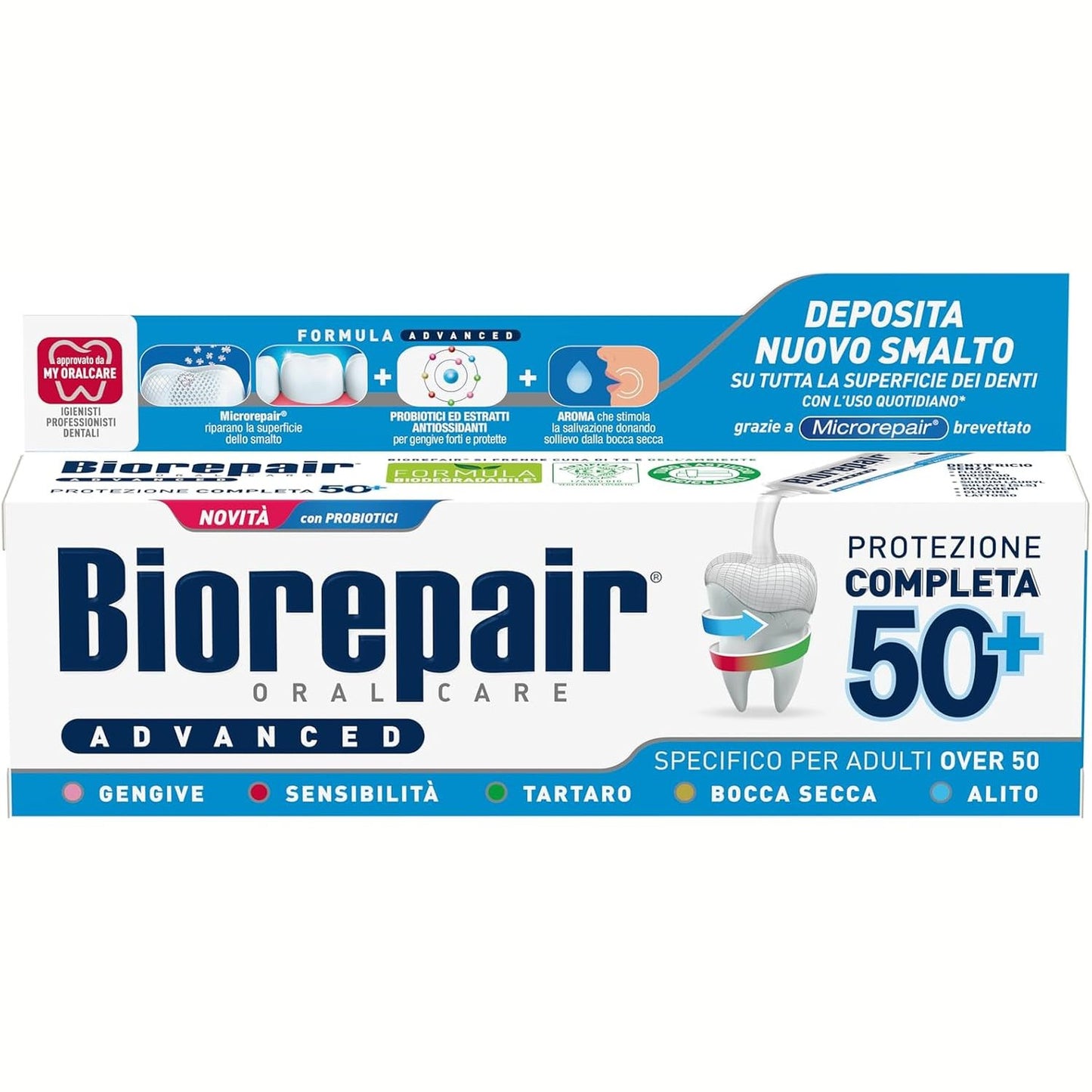 290537 - BIOREPAIR Pastë dhëmbësh Advanced Complete Protection 50+, për të rritur mbi 50 vjeç, me MicroRepair, probiotikë dhe ekstrakte antioksiduese, pa fluor, 75 ml