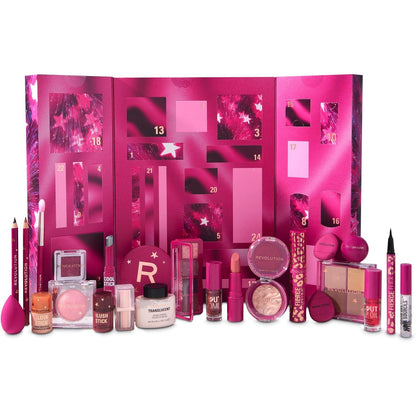 292550 - REVOLUTION MAKEUP - Kalendari i Adventit 2025, 24 artikuj bukurie, set dhuratë me shkëlqyes buzësh, highlighter, skuqës, furça dhe rimel, Vegan dhe pa mizori