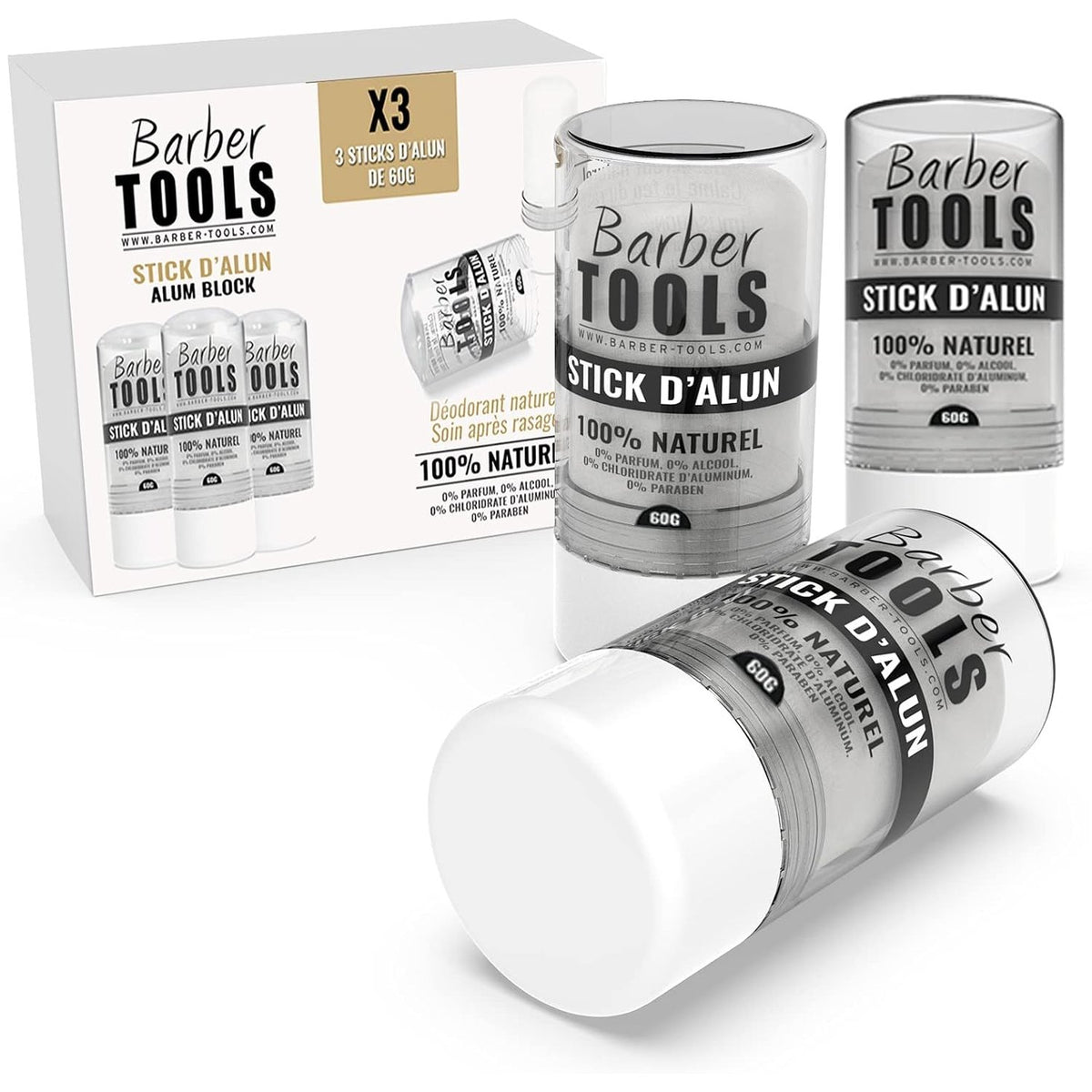 308114 - BARBER TOOLS Pako me 3 shkopinj deodorantë 60g - Gurë alumini - 100% Natyral - Pa parabene dhe klorhidrate alumini