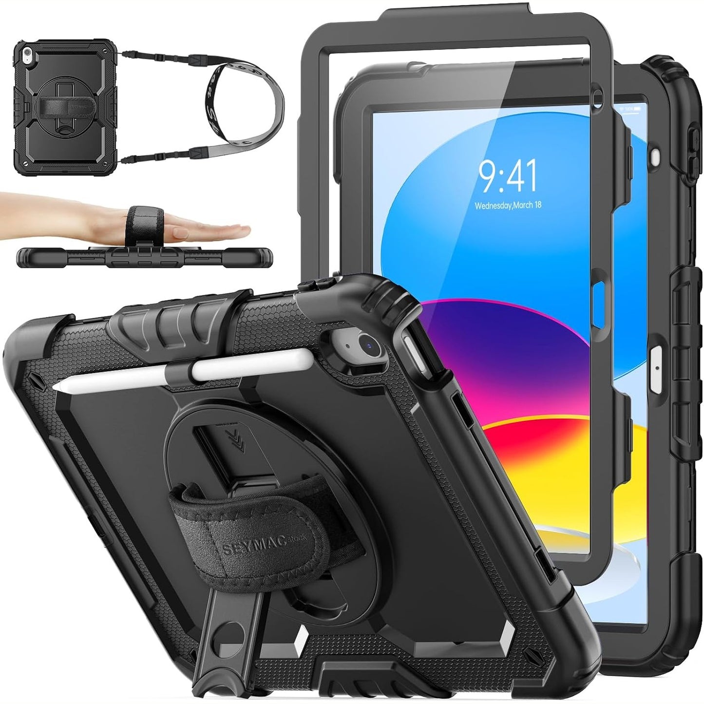 268775 - SEYMAC Mbrojtëse për iPad A16, 11-të/10-të 11/10.9 inç, mbrojtëse ndaj goditjeve, mbështetëse/rrip dore 360°, mbajtëse stilolapsi, e zezë